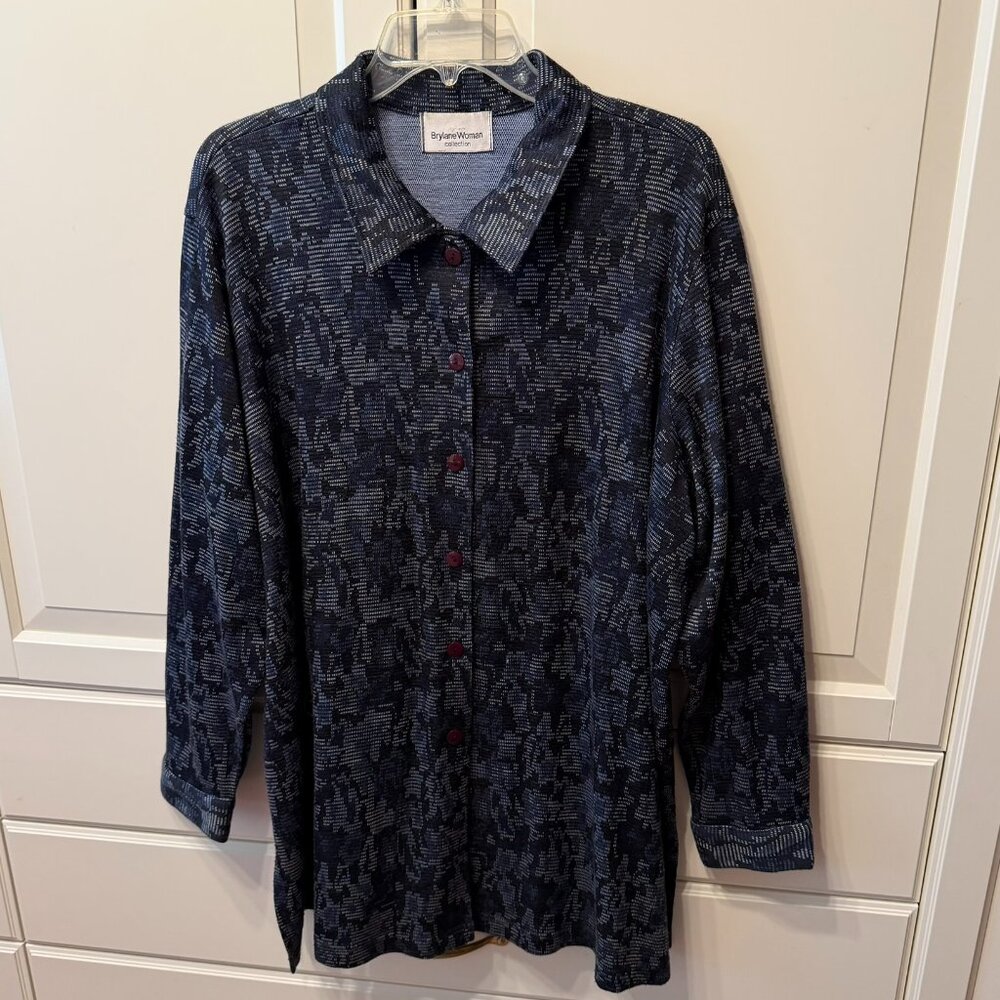 BRYLANE WOMAN Navy Jacquard Long-Sleeve Shirt‎ Jacket Shacket (Size 1X)
